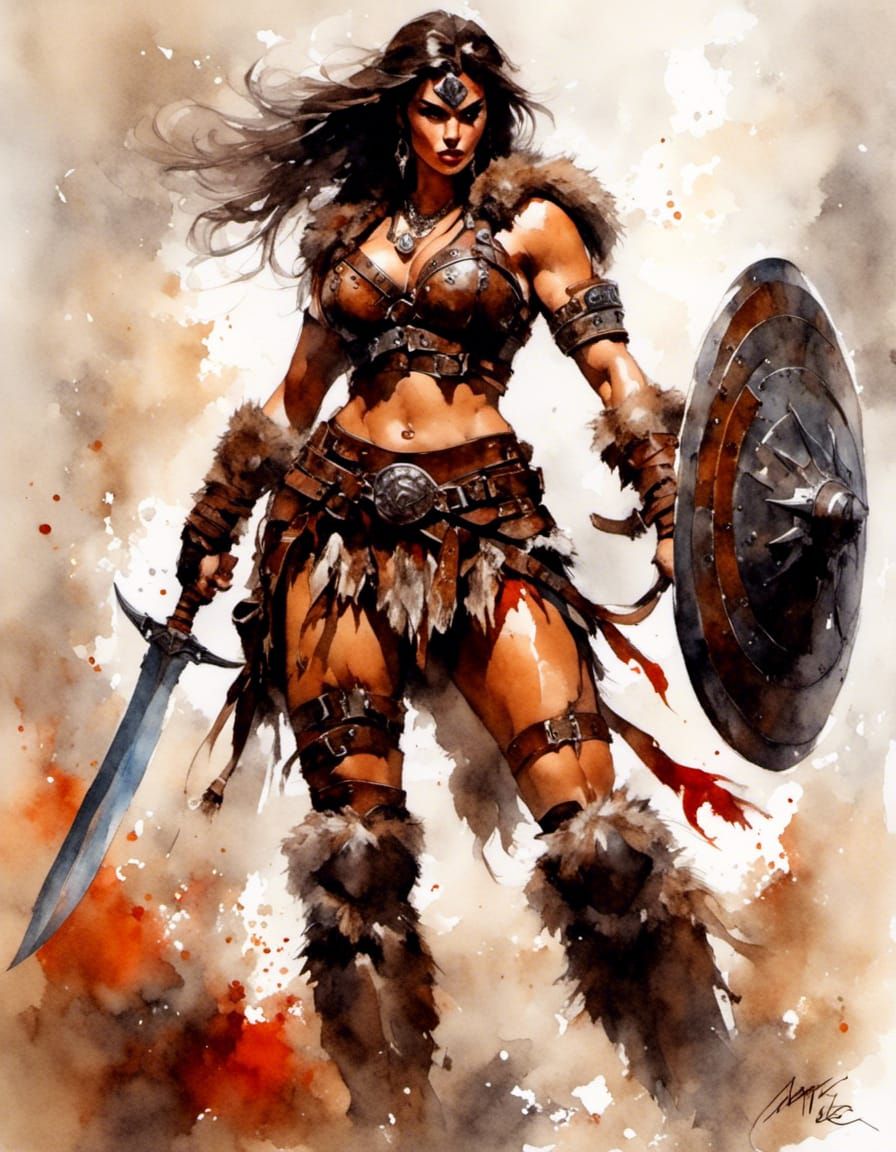 Curvaceous Fit Barbarian Woman in Gouache Style