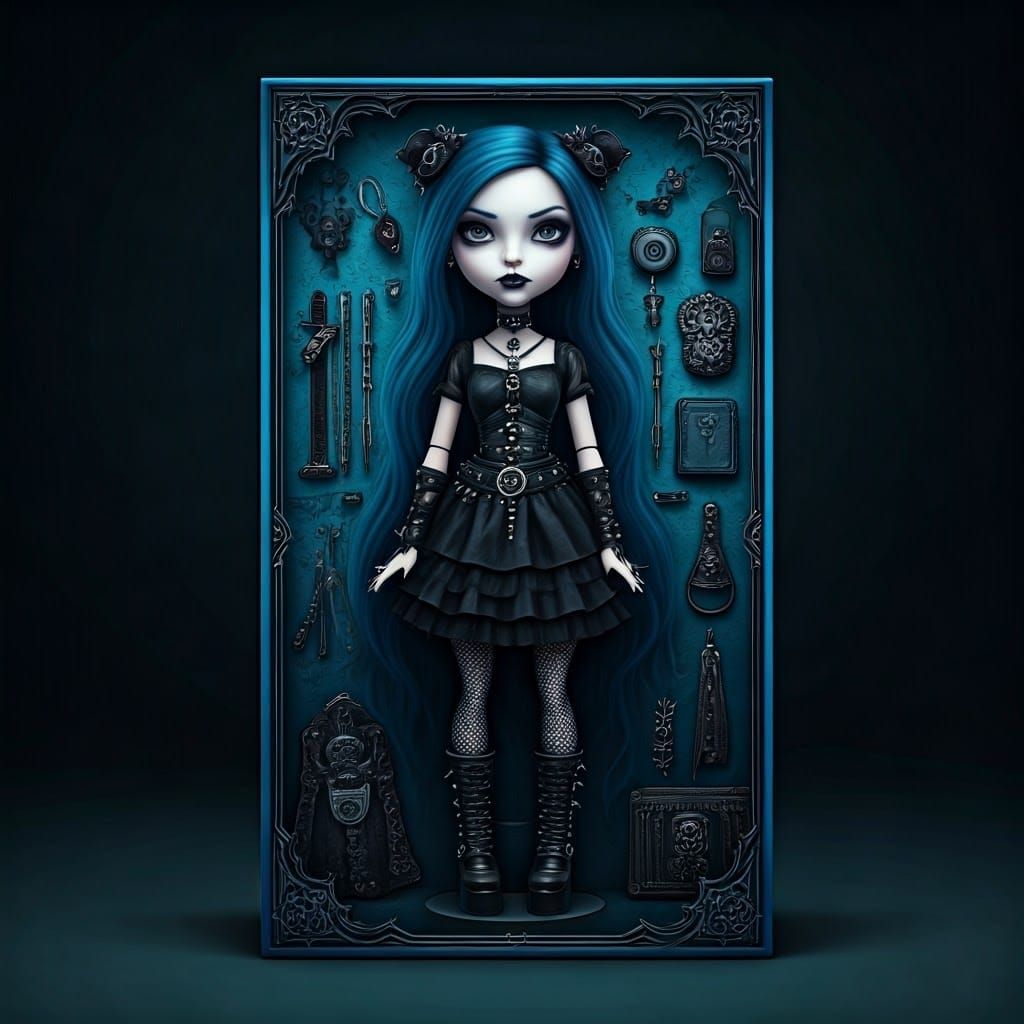 Gothic Doll Figure with Blue Hair and Black Accessories
