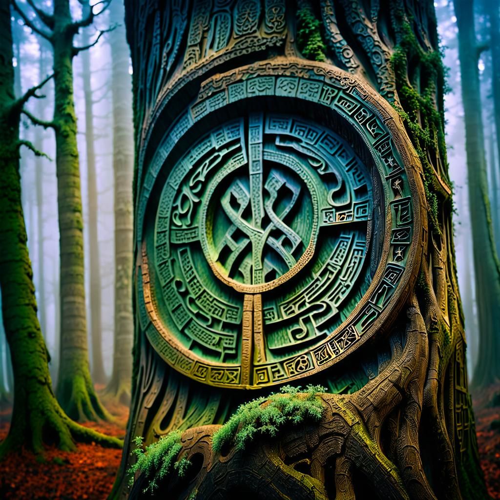 Mystical Wood Carving Art in Eerie Forest