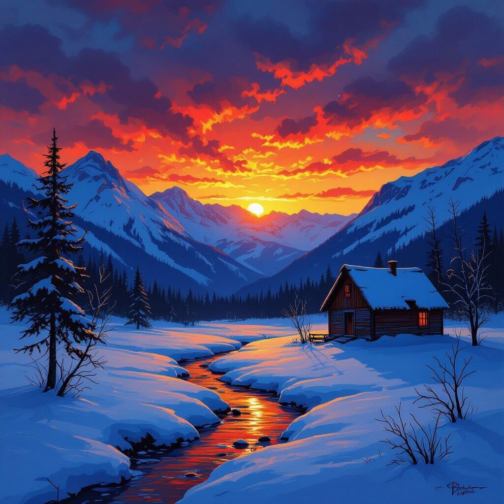 Expressive Oil Painting Of Blue Mountains At Sunset