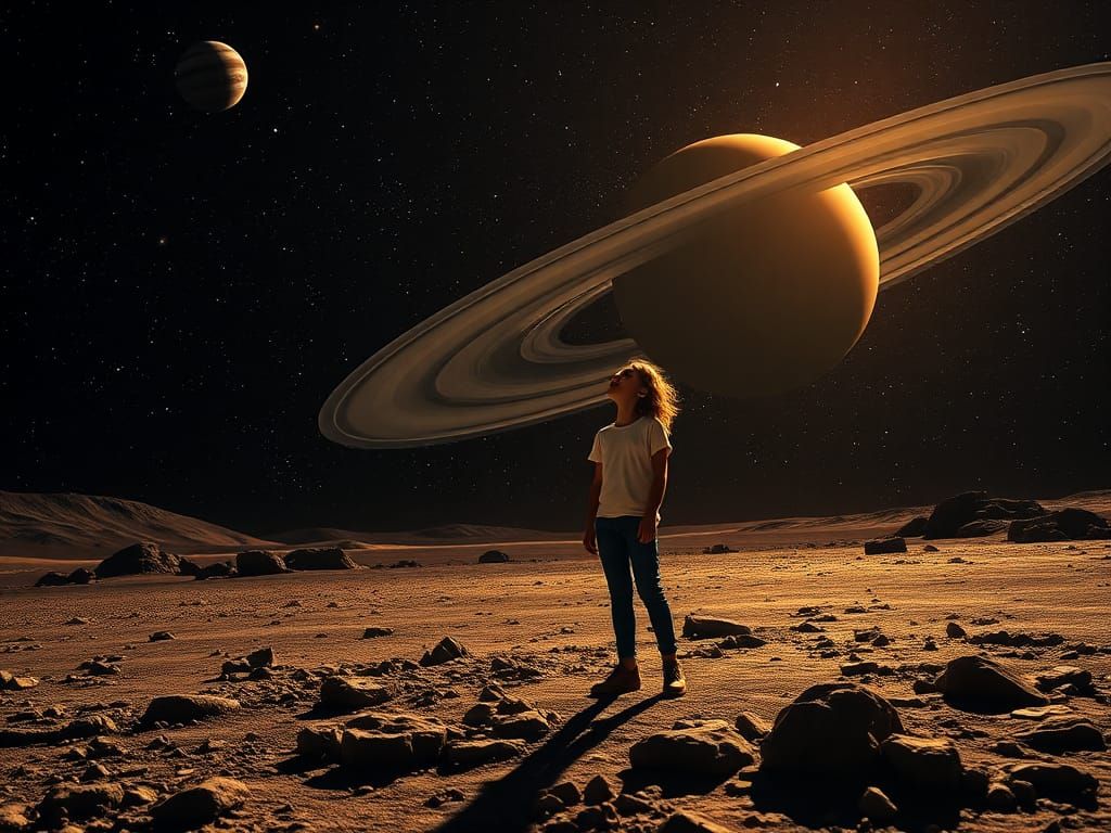 Girl on Saturn Viewing Celestial Wonders