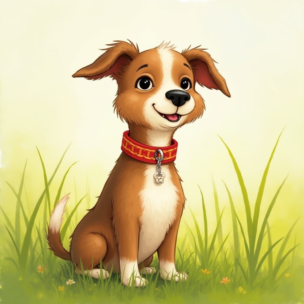 Joyful Dog in Meadow, Storybook Illustration