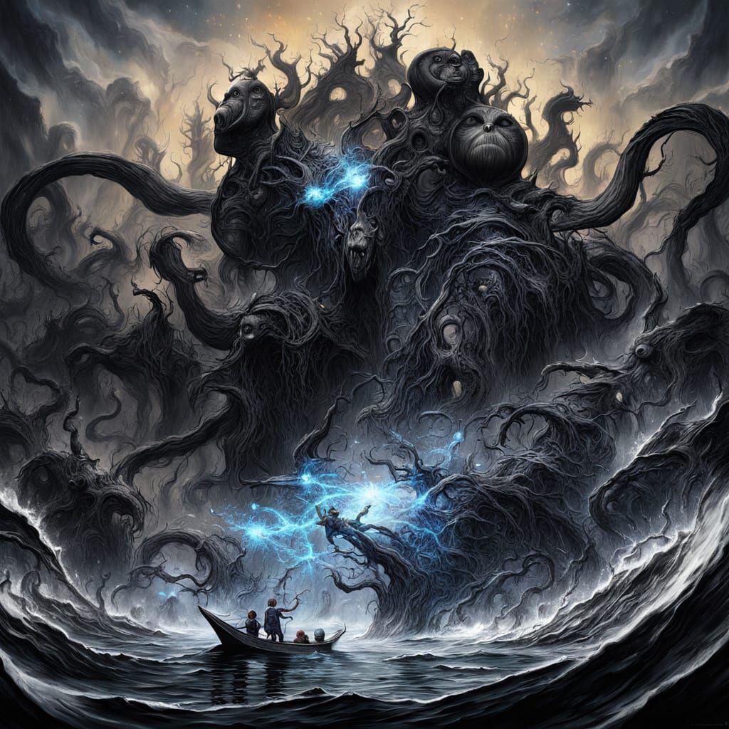 Twisted Sea Monster Confronts Ancient Fishing Boat in Dark F...