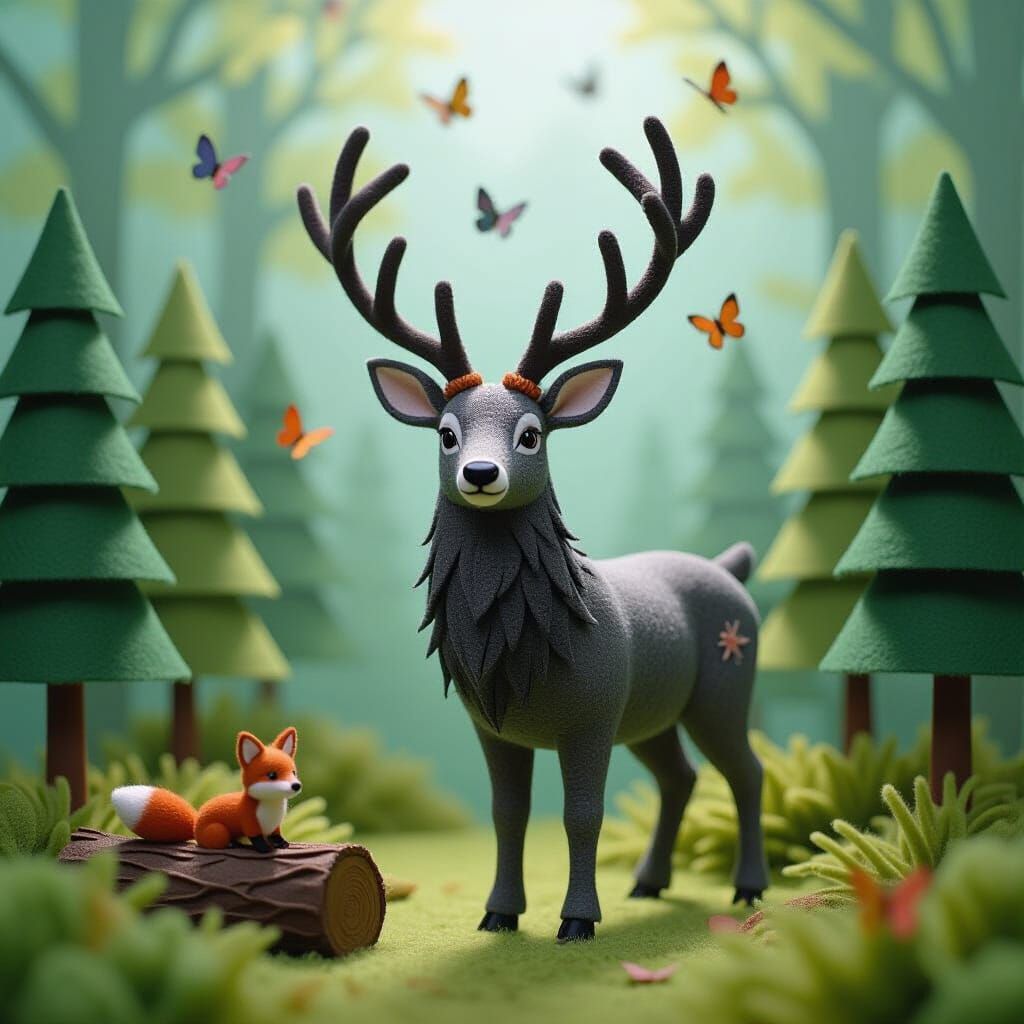 Felt Stag Diorama in Ghibli Folk Art Style