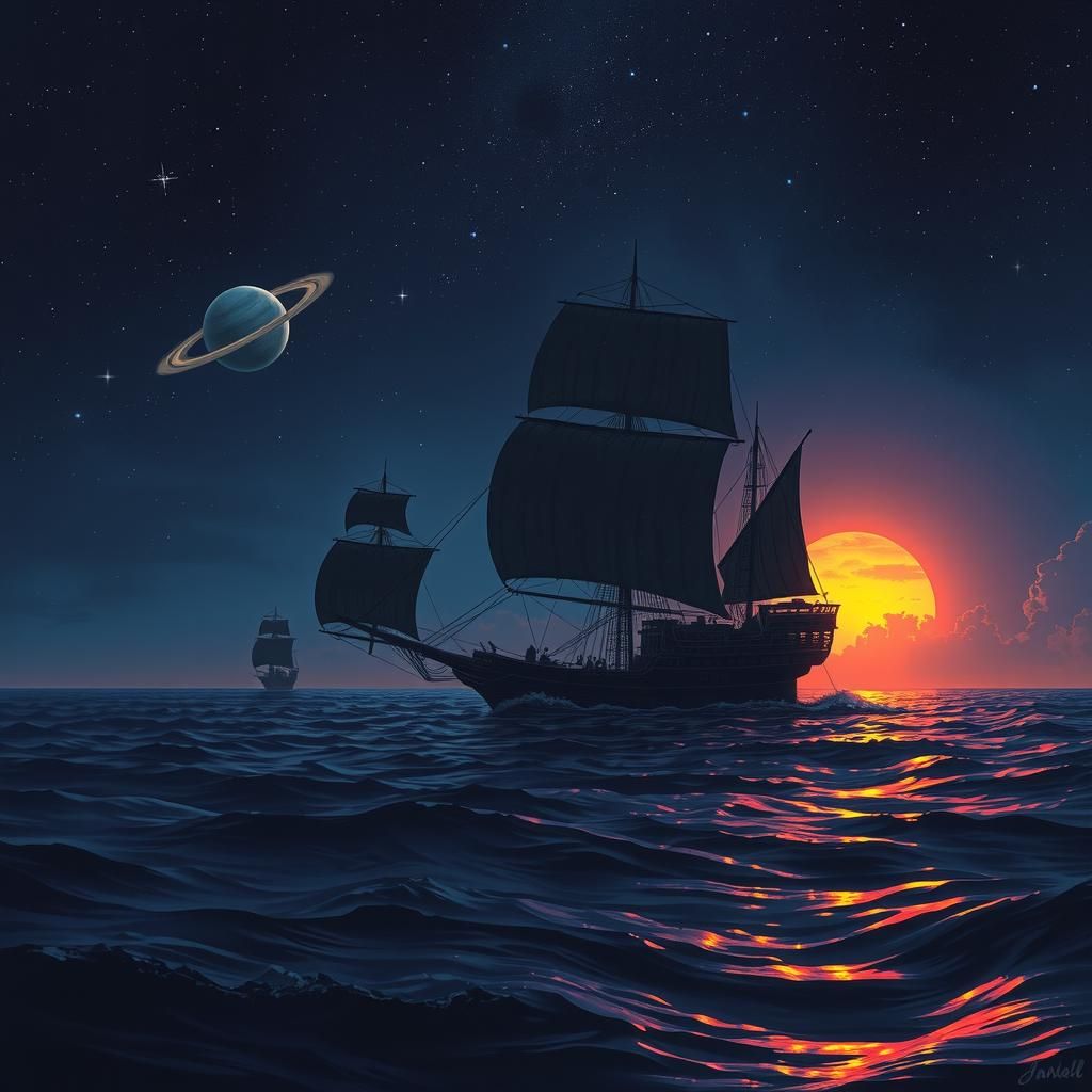 Epic Dark Fantasy Ship on Starry Ocean