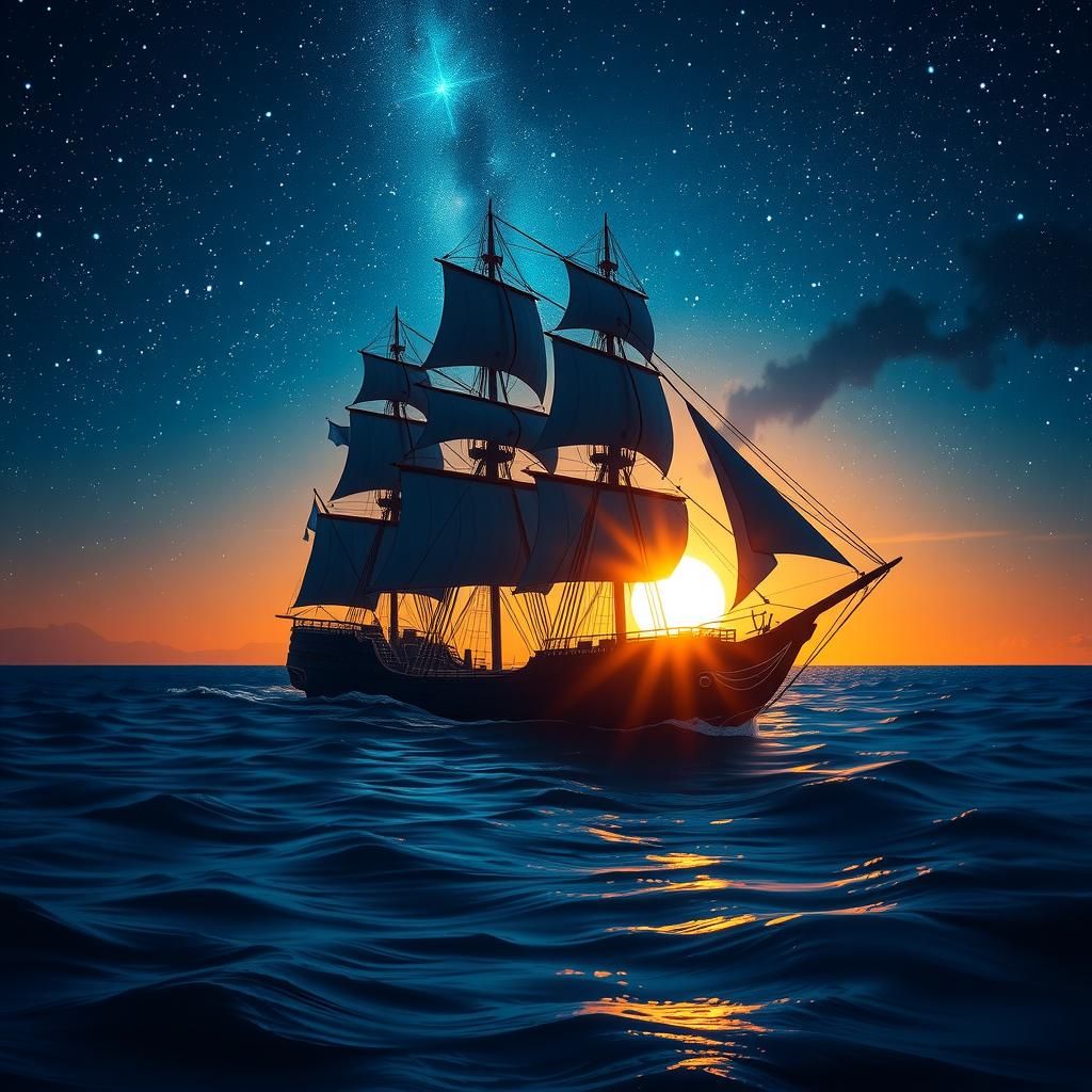 Baroque Ship Silhouetted on Starry Ocean