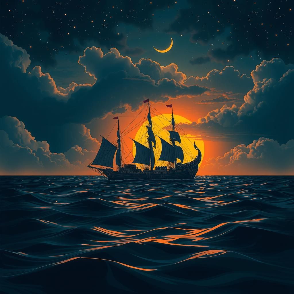 Colossal Ship Glides on Starry Ocean: Dark Fantasy