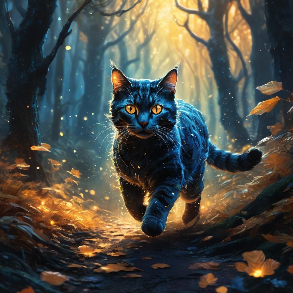 Cat Running Through Mystical Forest in Fantasy Illustration