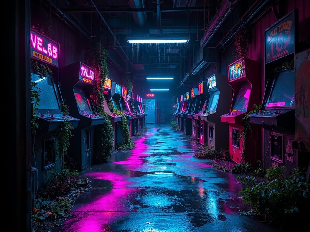 Neon Dystopia: Abandoned Arcade Reclaimed by Nature