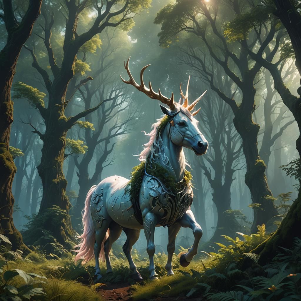 Regal Seeker Surrounded by Unicorns in Mystic Forest