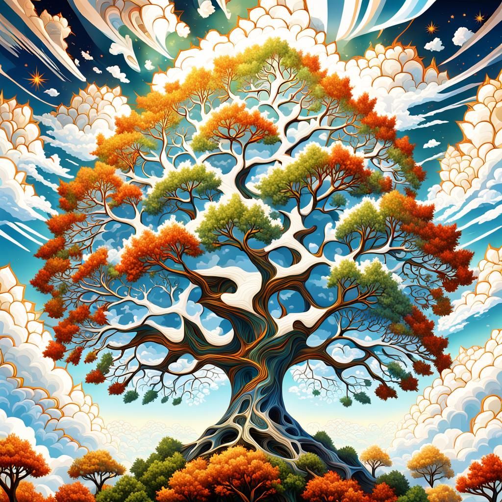 Fractal Tree and Sky: Surreal Digital Art