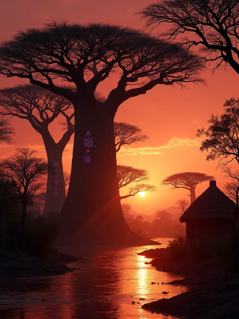 Afrofuturist Baobabs Silhouetted at Golden Hour