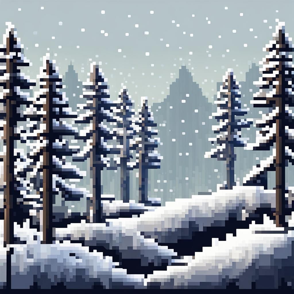 Pixel Art: Winter Pine Forest in Snow