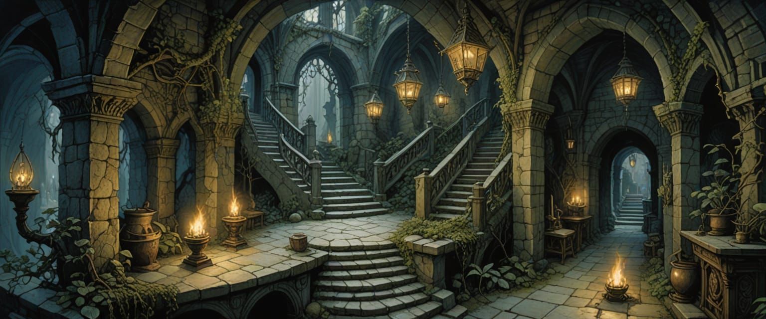 Fantasy Dungeon Map with Eerie Lighting in Digital Matte Pai...