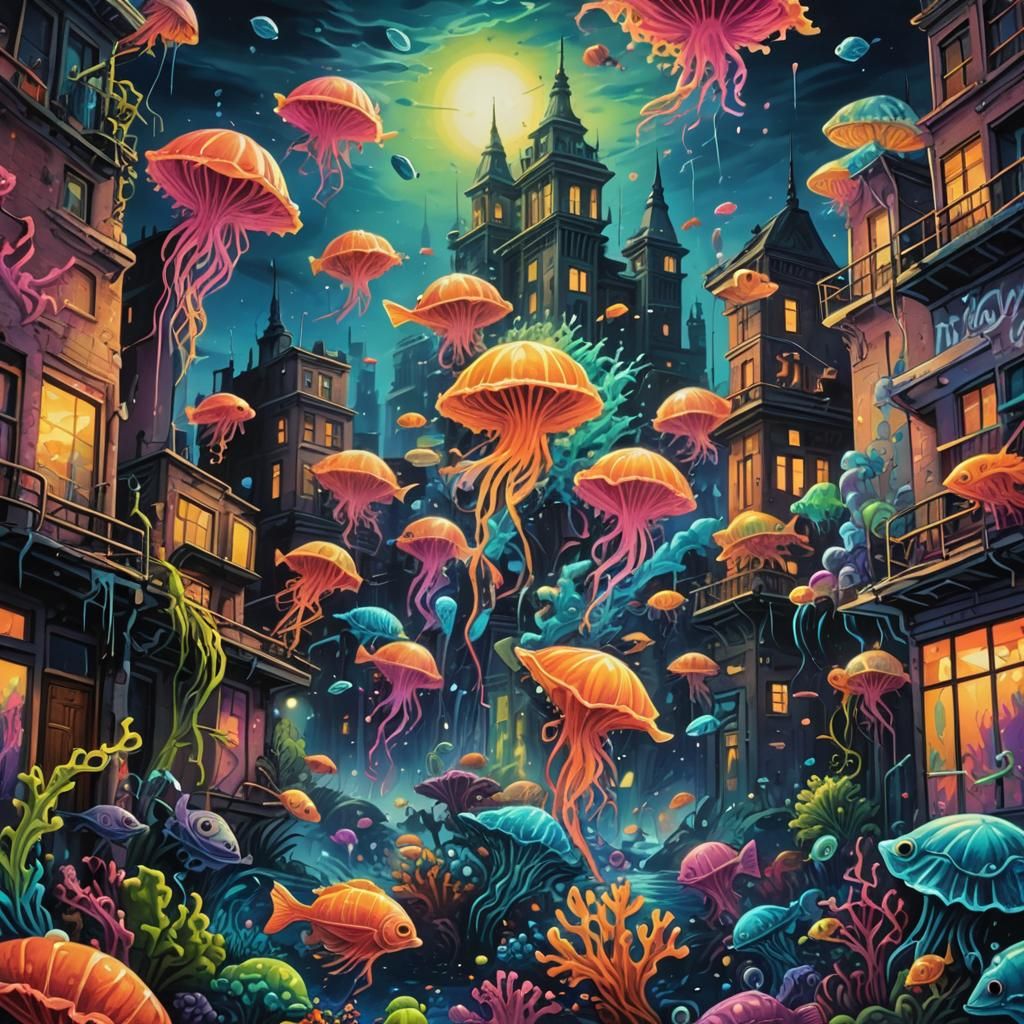 Bioluminescent Underwater City in Street Art Style