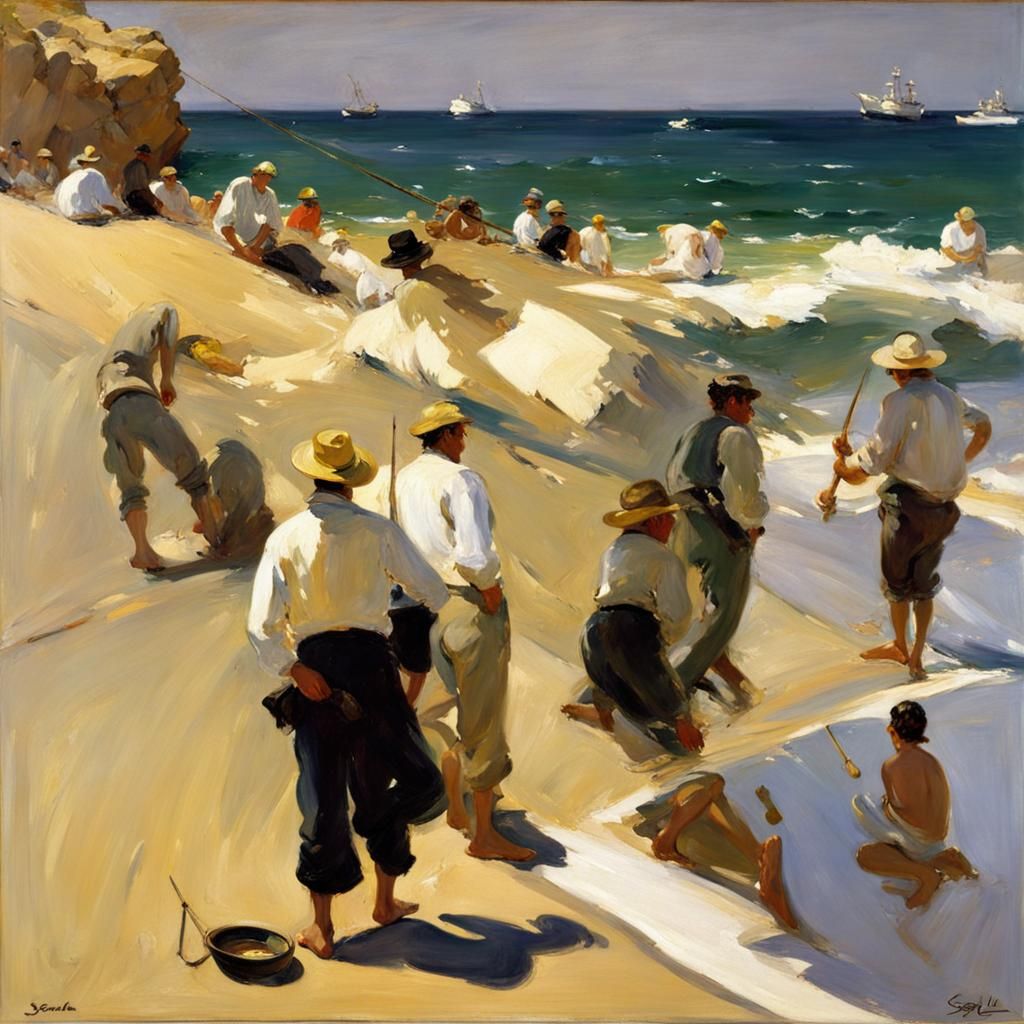 Sun-Drenched Beach Scene with Fishermen