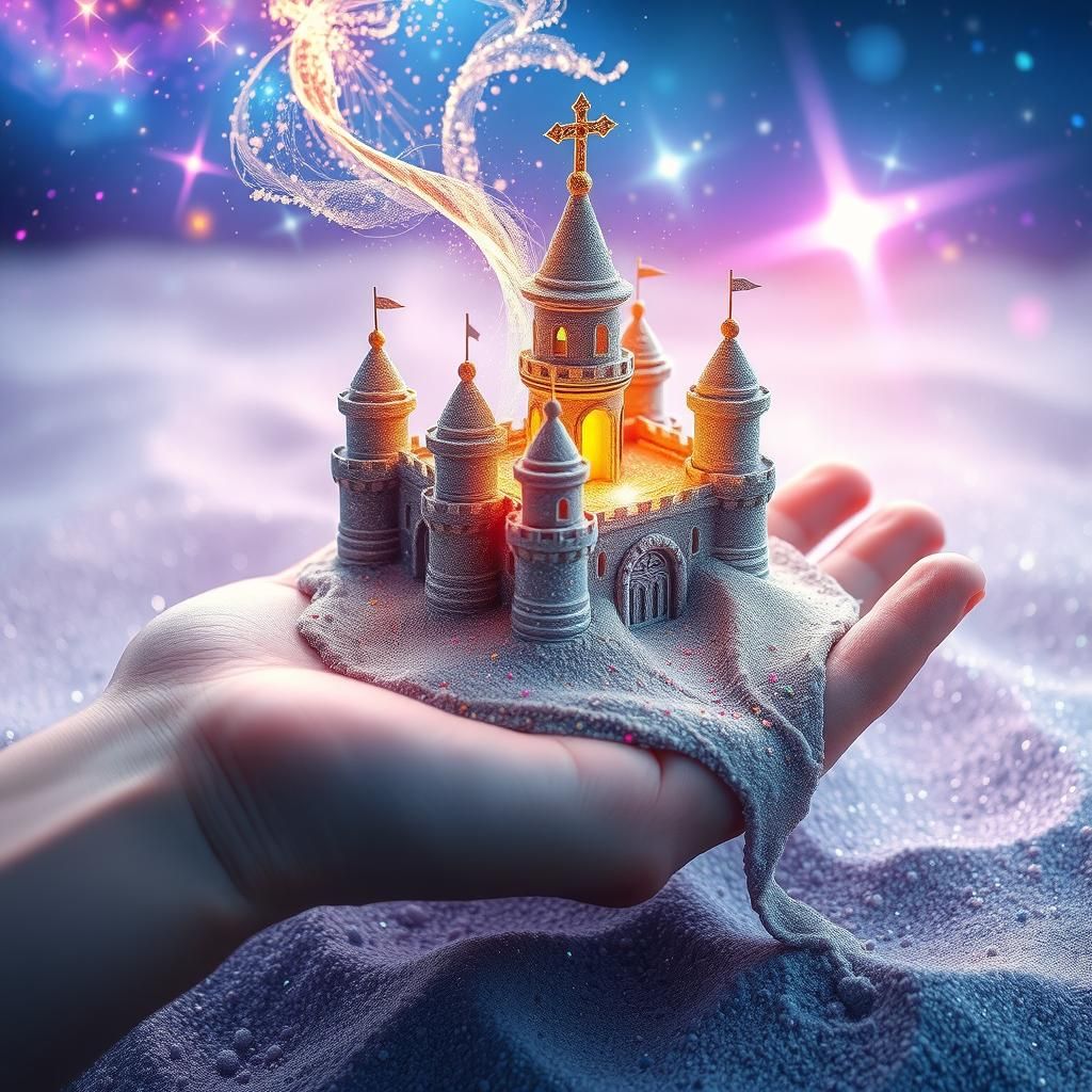 Cosmic Sandcastle on Hand, Dreamlike Watercolor