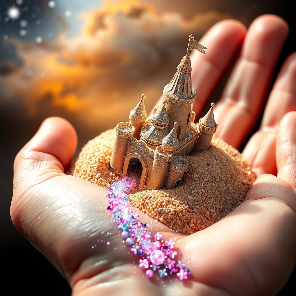 Cosmic Sandcastle on a Hand as 3D Watercolor