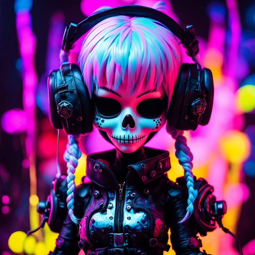 Kawaii Doll with Skull Mask in Blacklight Colors