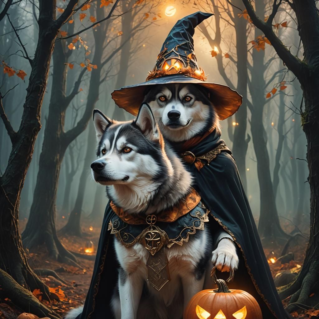 Husky Dog Witch in Mystical Forest
