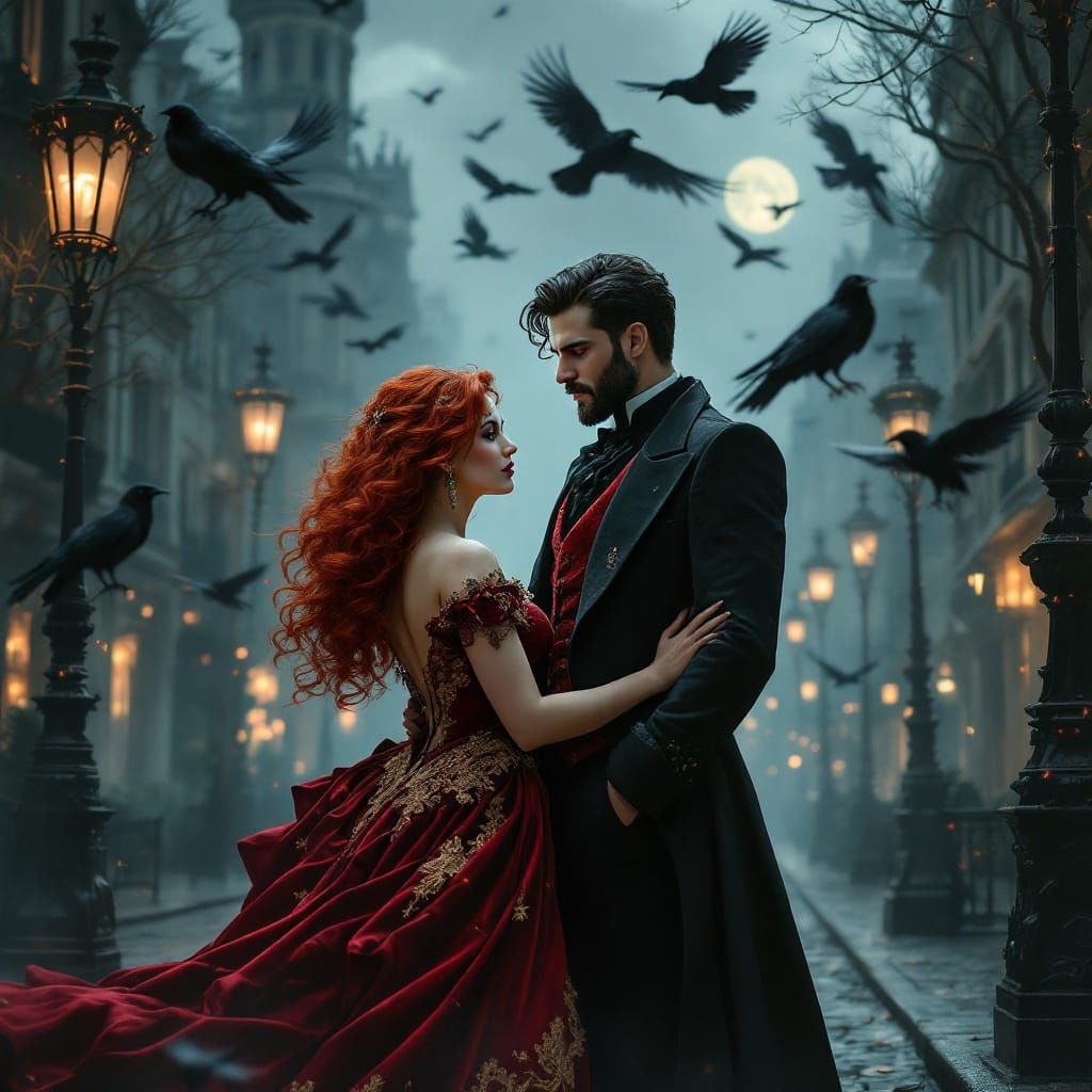Romantic Gothic Couple in Parisian Moonlight
