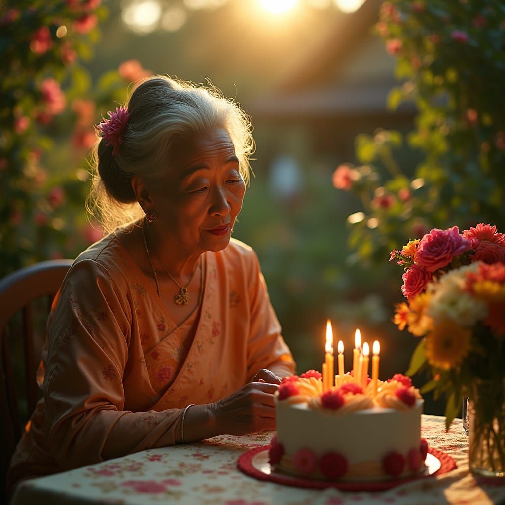 Golden Sunset Birthday: Asian Lady in Garden