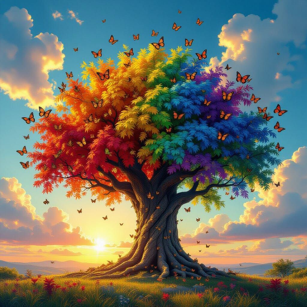 Rainbow Tree with Monarch Butterflies in Photorealistic Styl...
