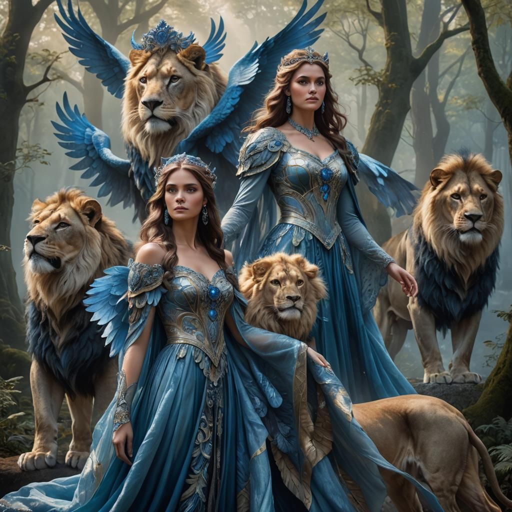 Fantasy Woman with Lions in Forest, Anne Stokes Style