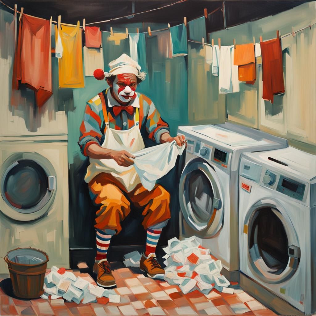 Clown Does Laundry: Oil on Yupo Style