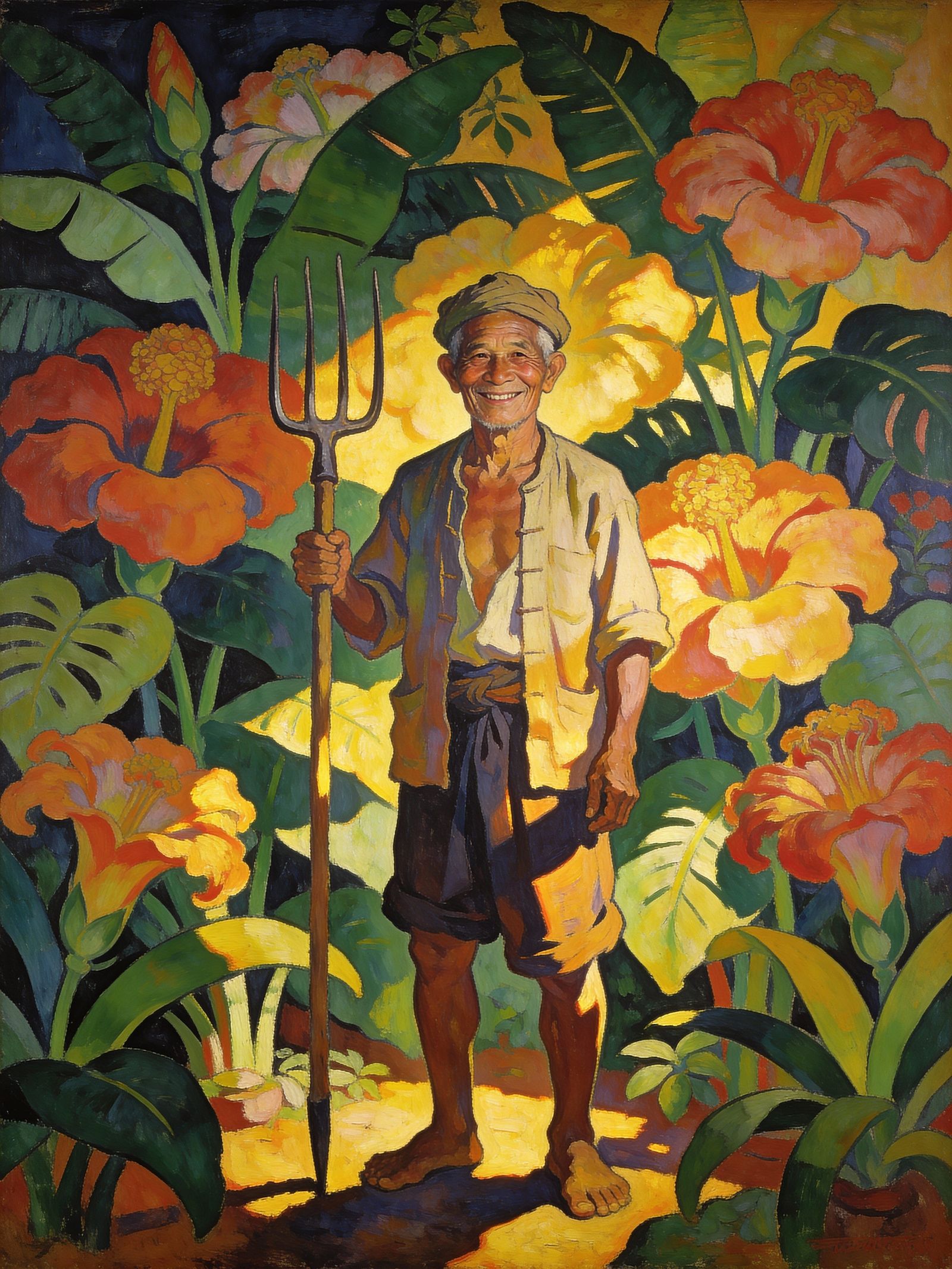 Elderly Cambodian Man in Lush Garden, Mexican Muralist Style