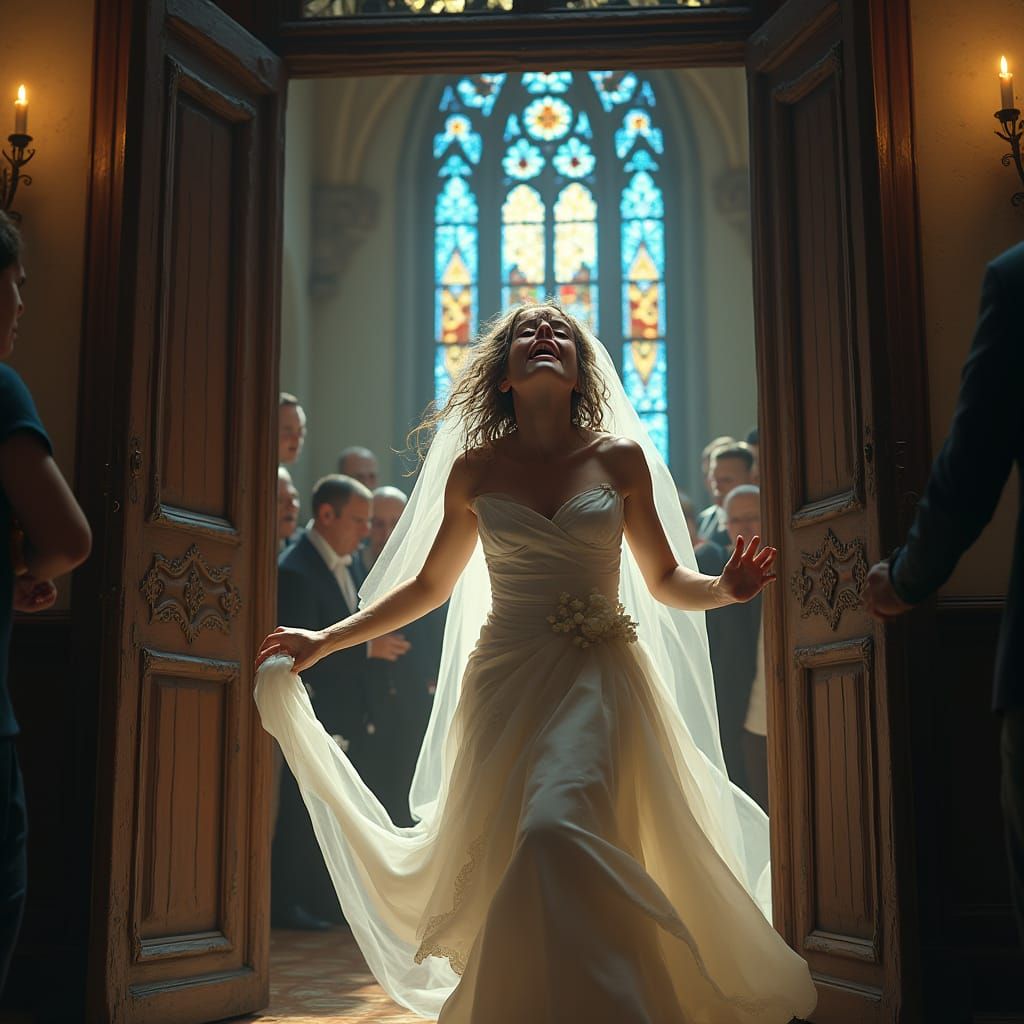Distraught Bride Flees Church in Tattered Wedding Gown