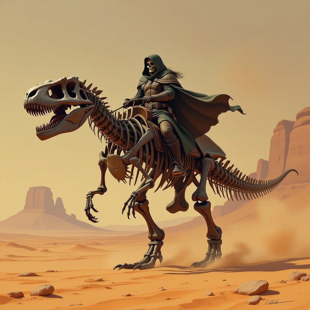 Necromancer Rides T-Rex Skeleton Through Desert