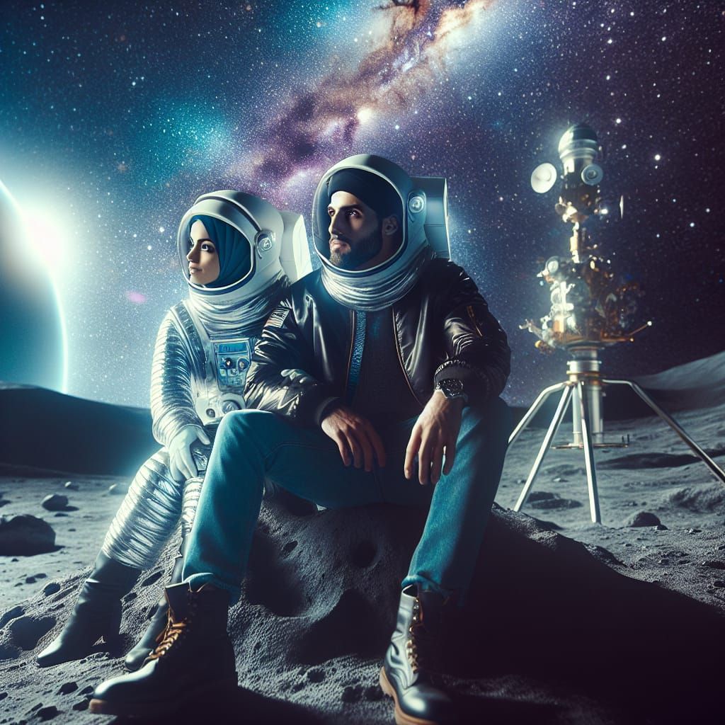 Astronaut Couple Behold Galaxy in Sci-Fi Style