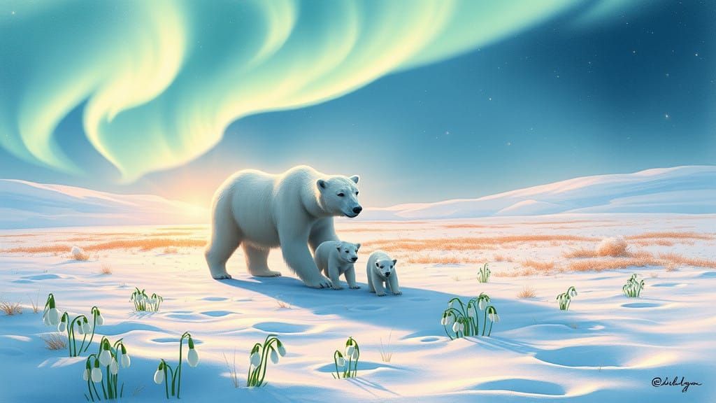 Majestic Polar Bear and Cubs under Aurora Borealis