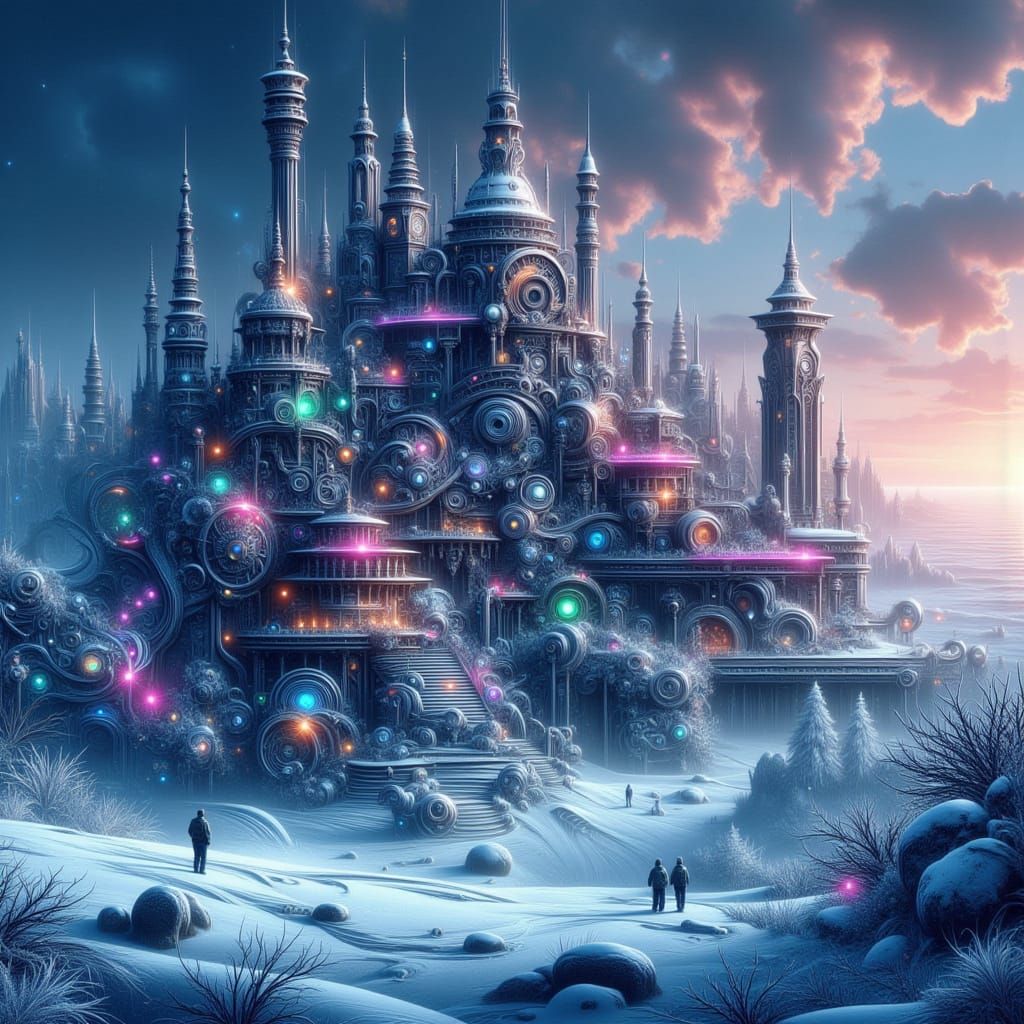 Arctic Kingdom in Vibrant Neon and Art Nouveau Style