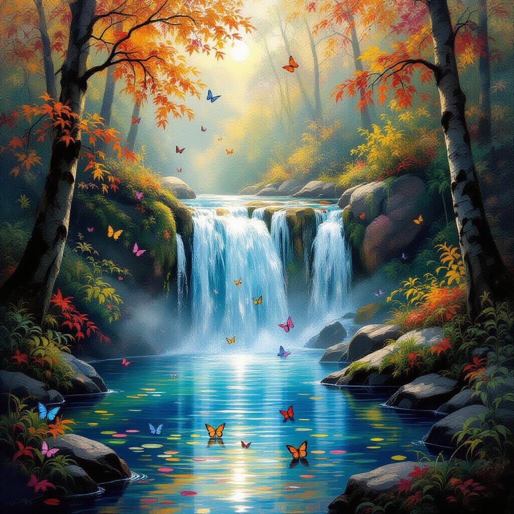 Magical Waterfall Pond in Autumn Forest
