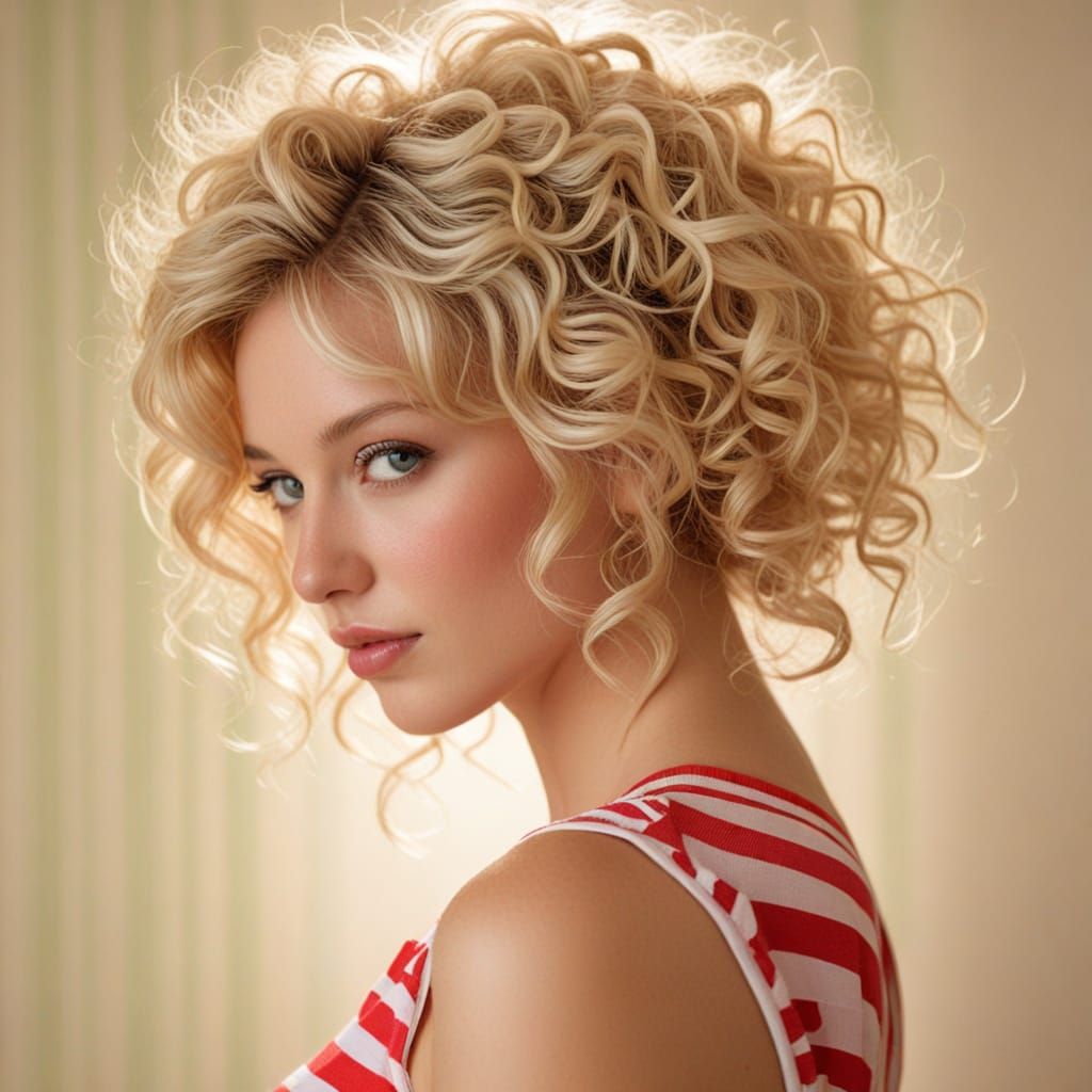 Vibrant Blonde Woman in Colorful Striped Attire