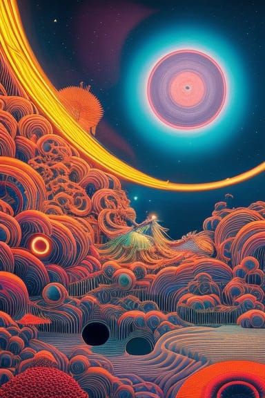 Surreal Wizard Woman in Neon Sun and Moon Bed