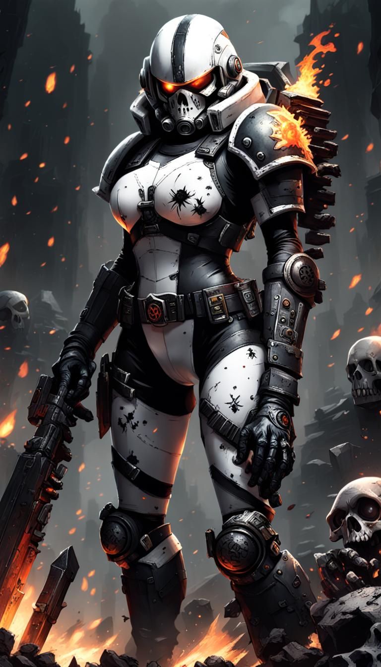 Teenage Space Marine with Flaming Sword and Alien Skulls