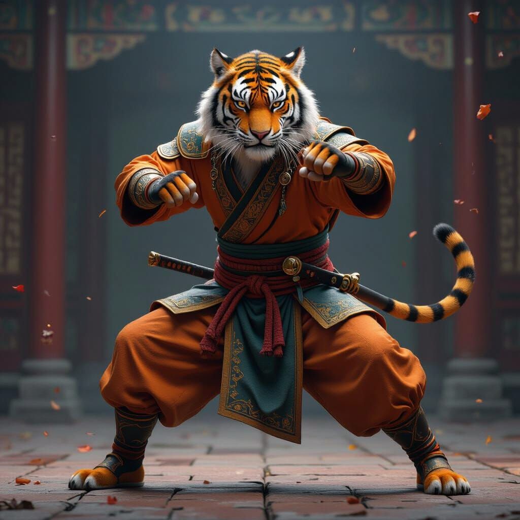 Tiger Monk Warrior in Fighting Stance, Fantasy Concept Art