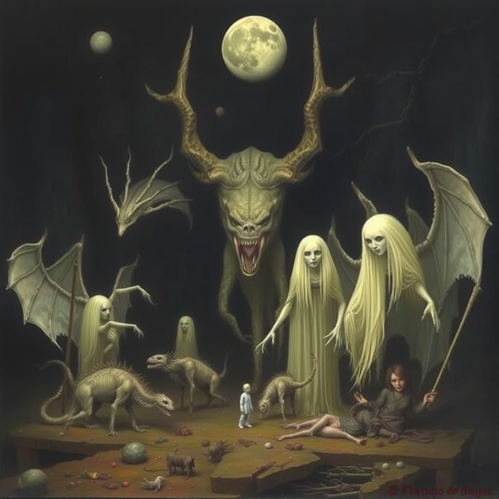 Goya's Surreal World: Dreamlike Creatures in Dark Art Style