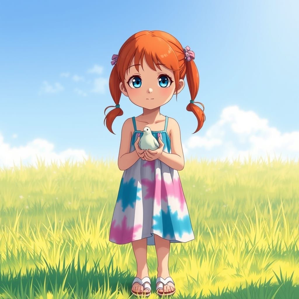 Girl in Vibrant Tie Dye Dress Holding Dove in a Peaceful Stu...