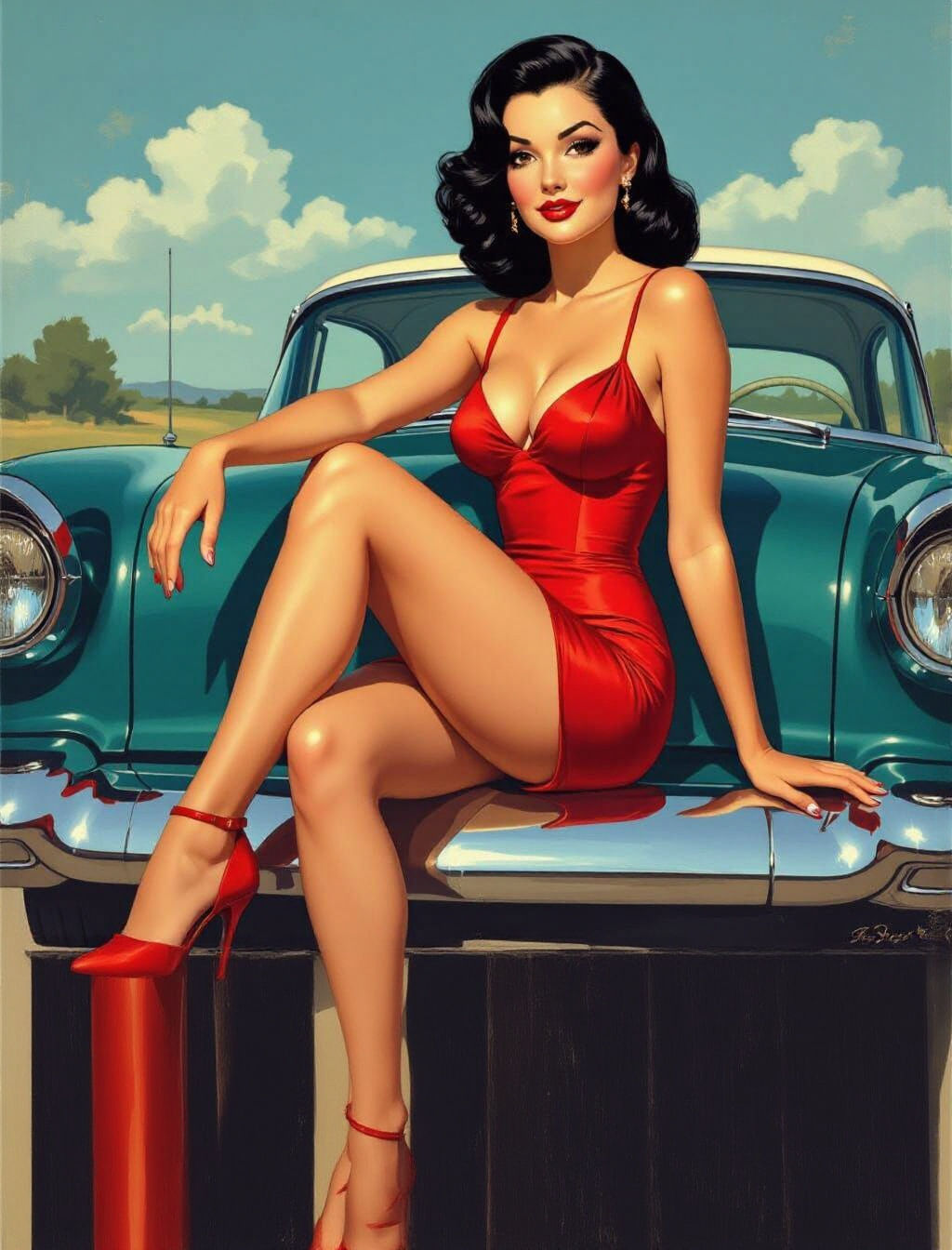 1950s Pinup Girl Seductively Posing on Car