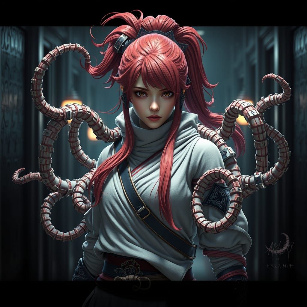 Red-Haired Ninja Warrior with Mechanical Tentacles in Anime ...