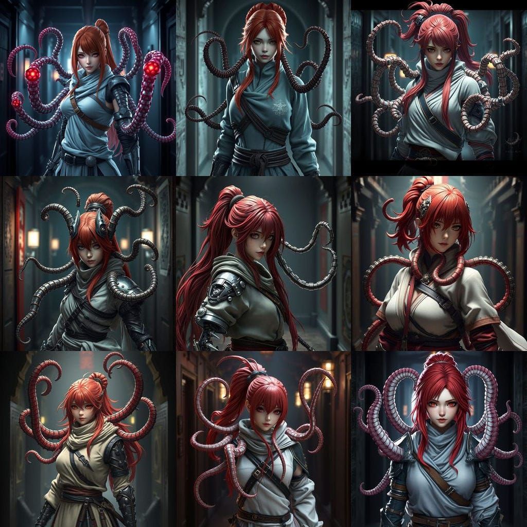Red-Haired Ninja Warrior with Mechanical Tentacles
