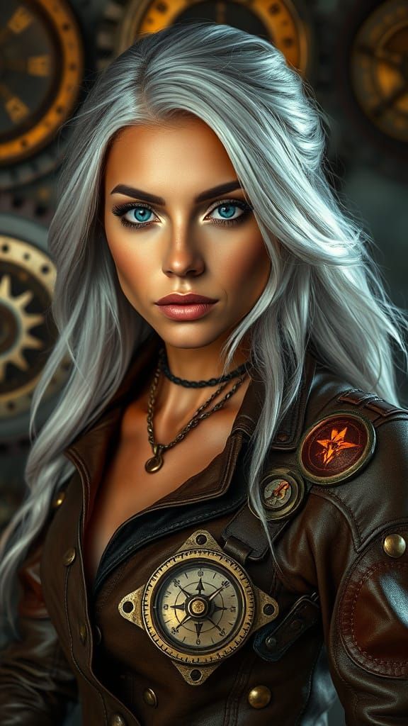 Elegant Steampunk Woman in Distressed Leather