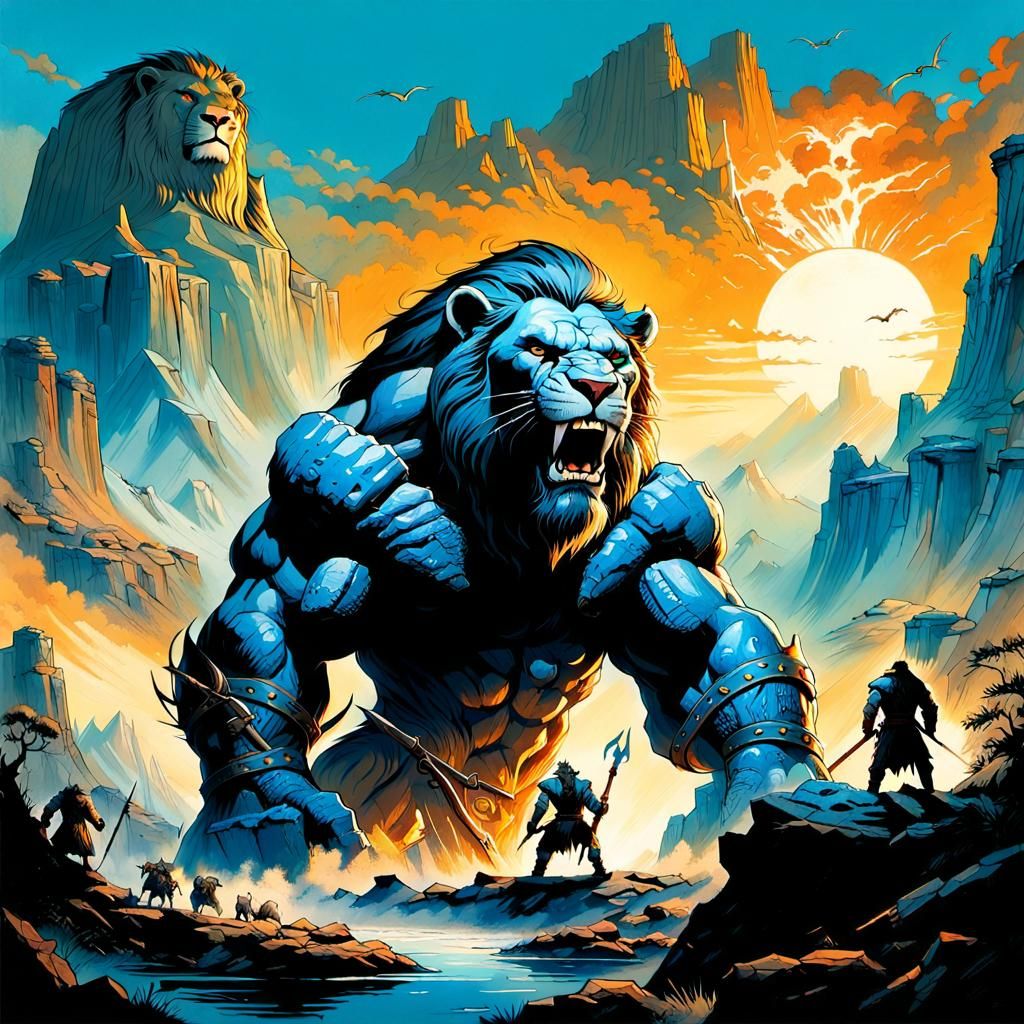 mago guerreiro, imponente, montado em um majestoso leão giga...