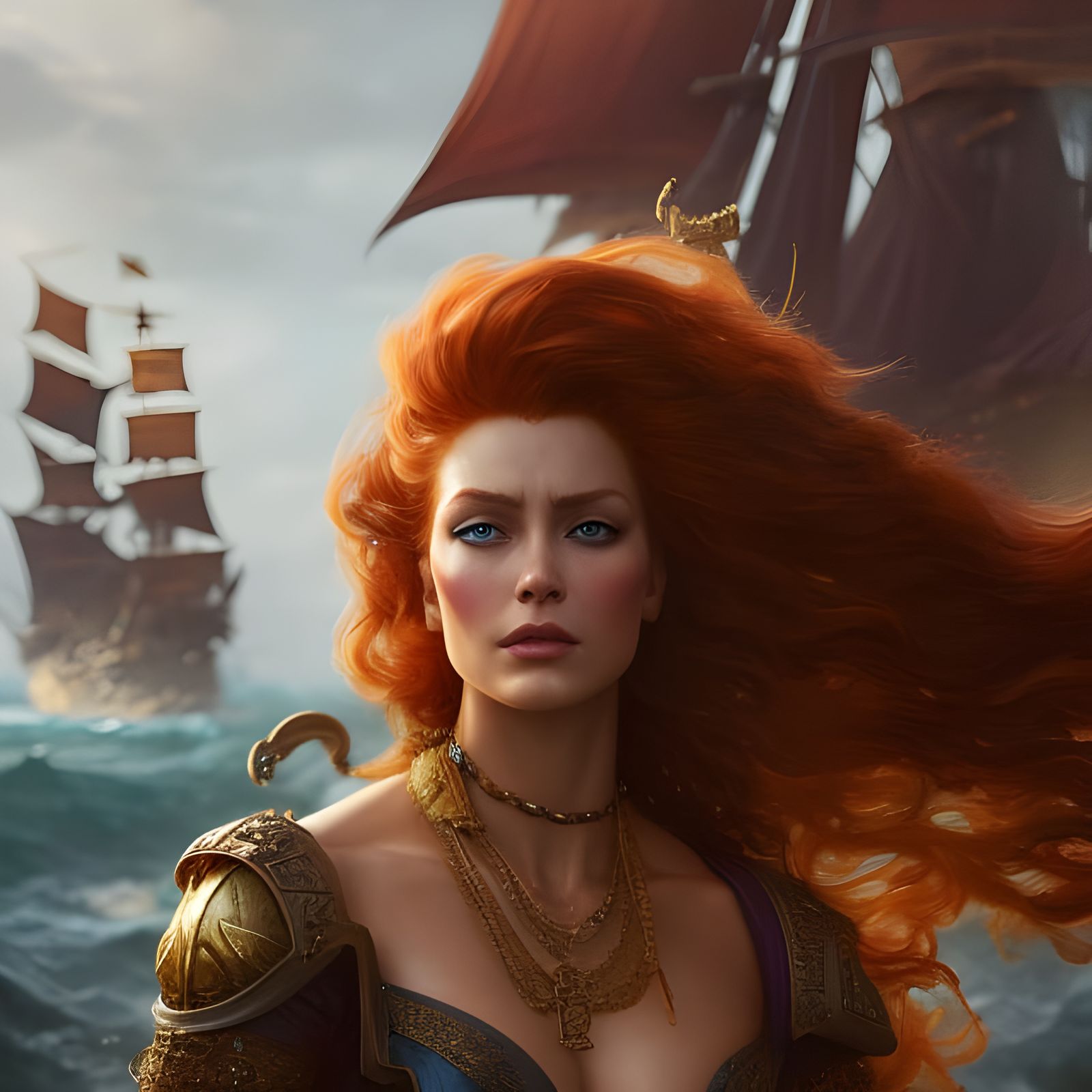 Pirate Woman Portrait with Ship in Digital Art Style