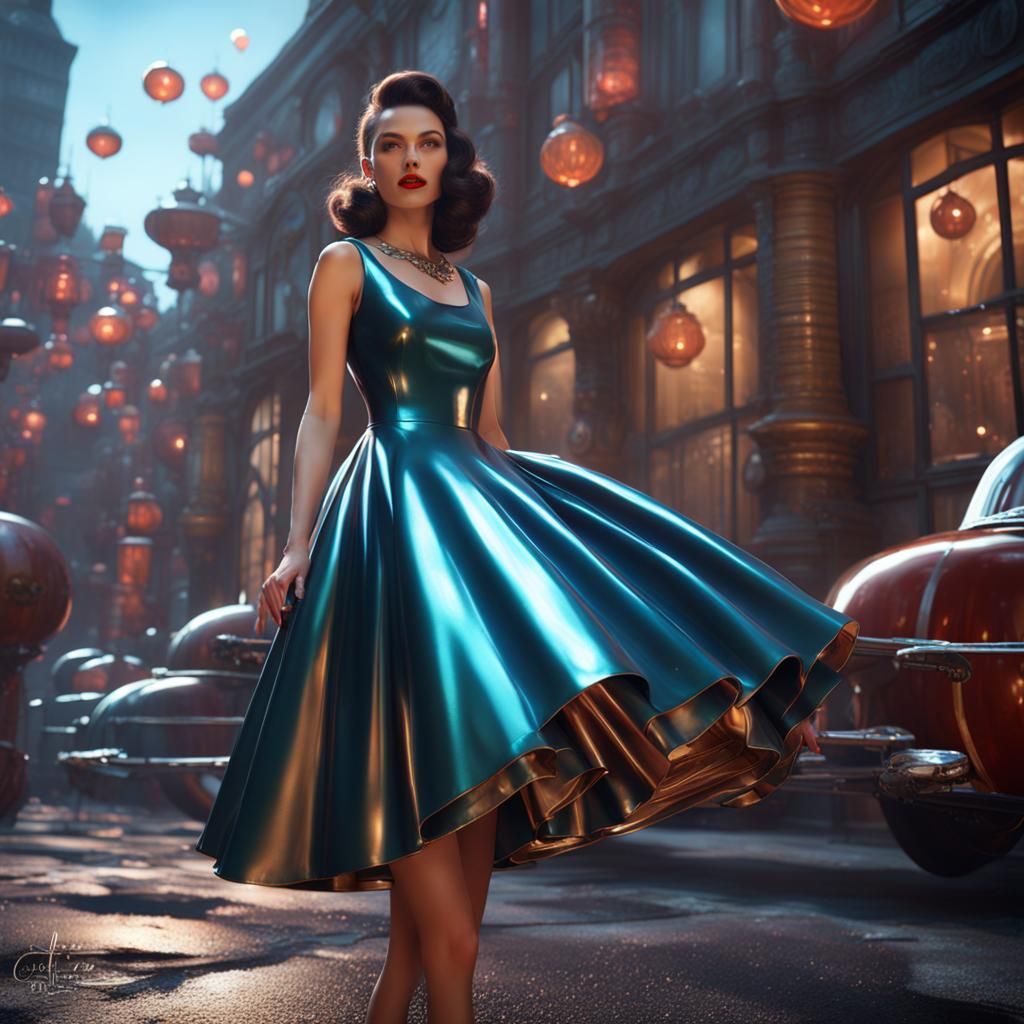 Brunette in Shiny 1950s Latex Dress