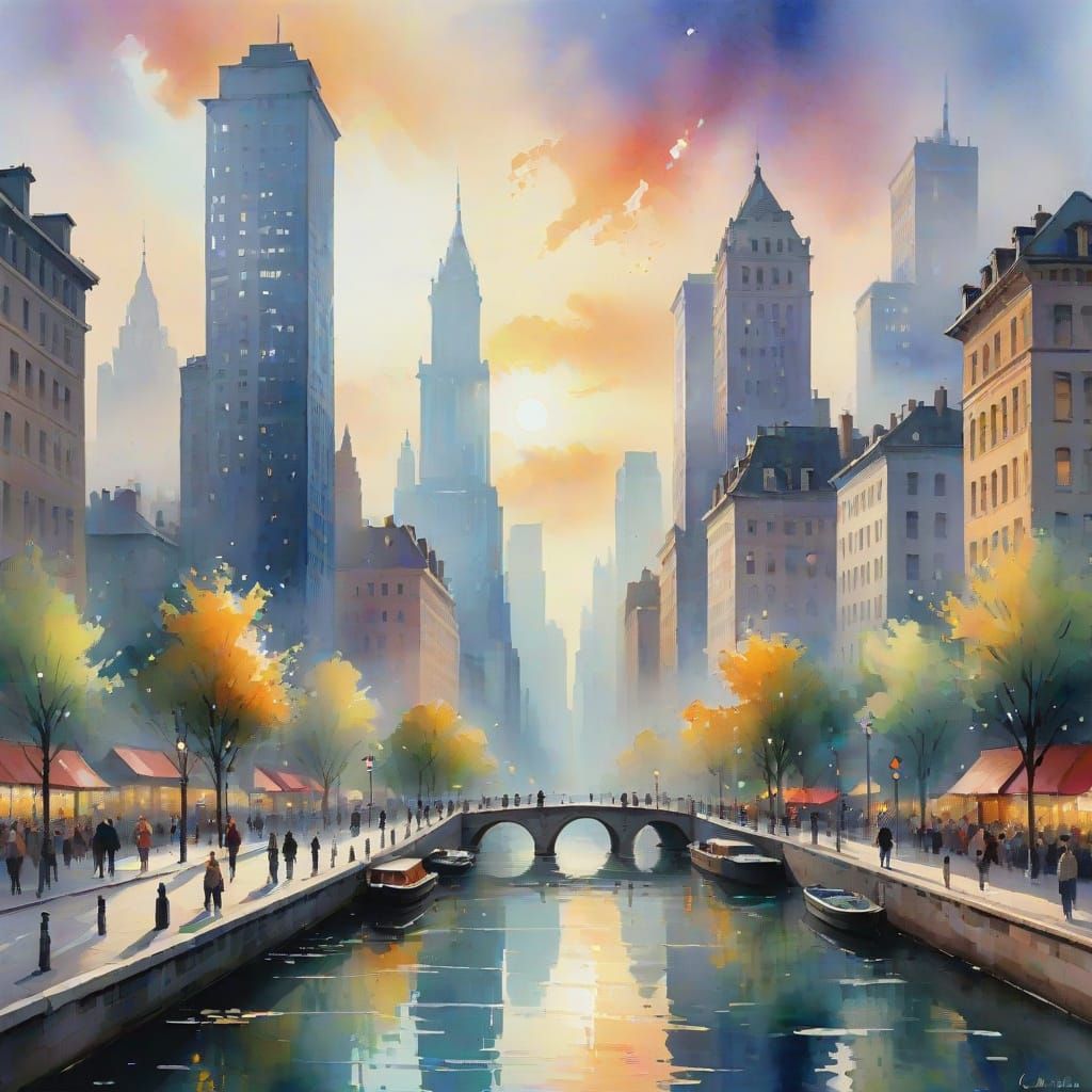 Ethereal Cityscape Transformed by Falling Brushstrokes